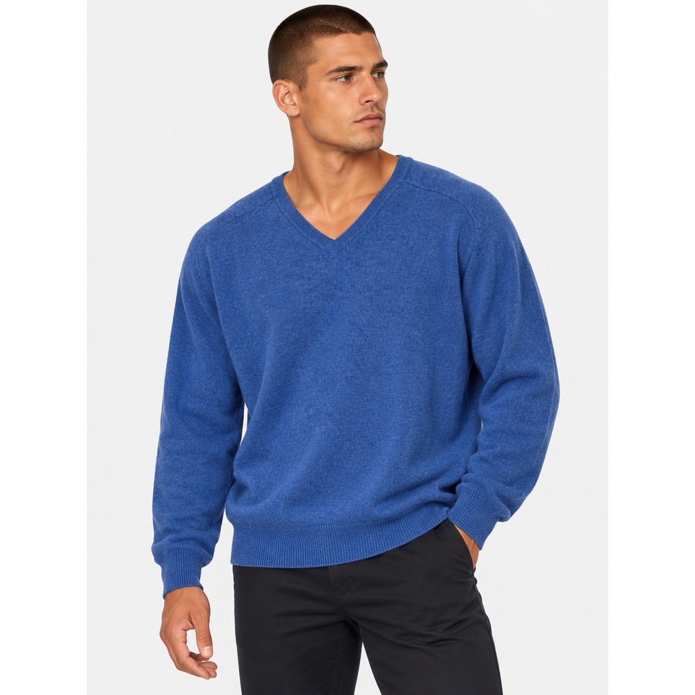 Alan Paine Blue Pure Lambswool V-Neck Long sleeve Sweater Size UK 48 EUR 56 XXL